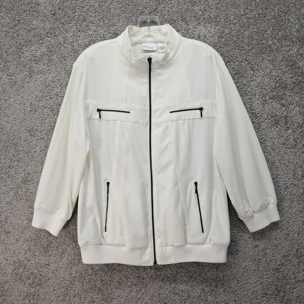 Zenergy by Chico's White Full Zip Bomber Jacket Size 2 Four Pockets Ribbed Trim